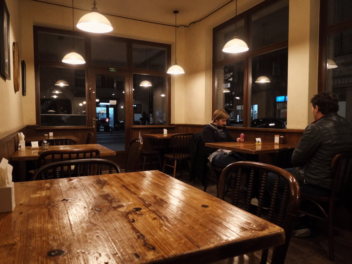Late Night Budapest Cafe Interior with Spindle Chair and Tea Service in in Budapest, Hungary
