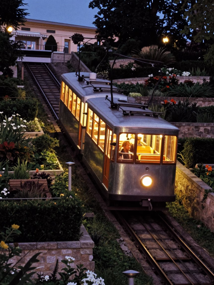 Late Night Budapest Funicular Ride Through Terraced Gardens at Night in in Budapest, Hungary