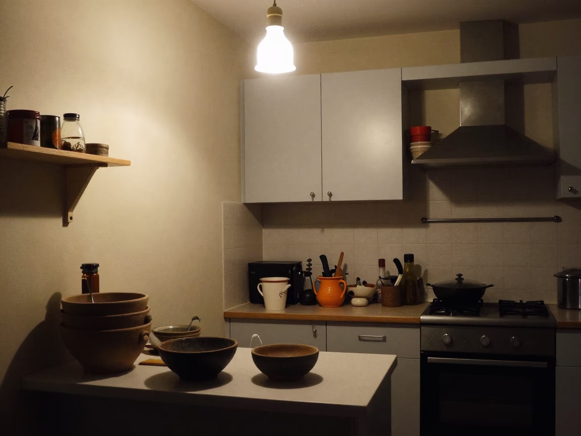 Late Night Budapest Kitchen Interior with Stoneware Crocks and Dish Rack in in Budapest, Hungary