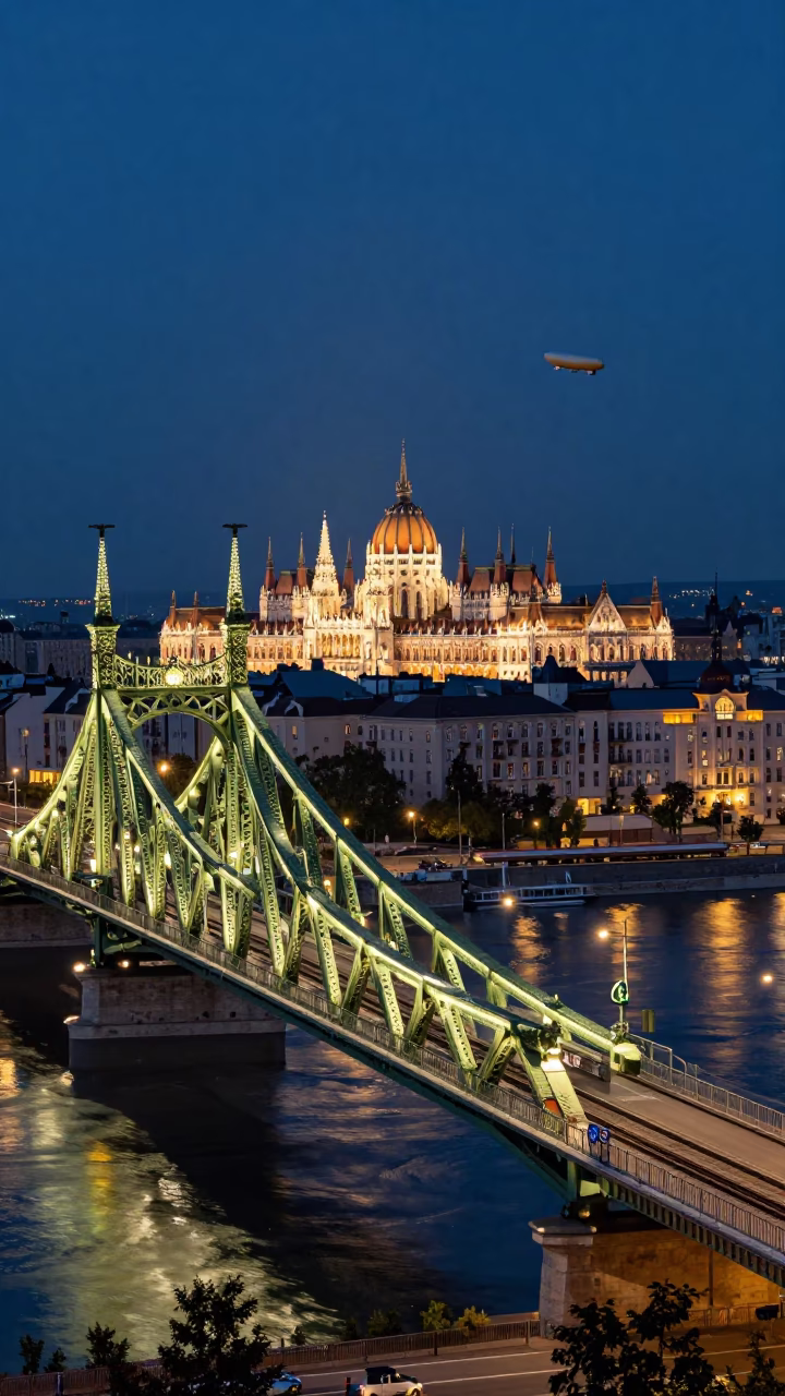 Late Night Budapest Skyline with Historic Railway Viaduct and Zeppelin Airship in in Budapest, Hungary