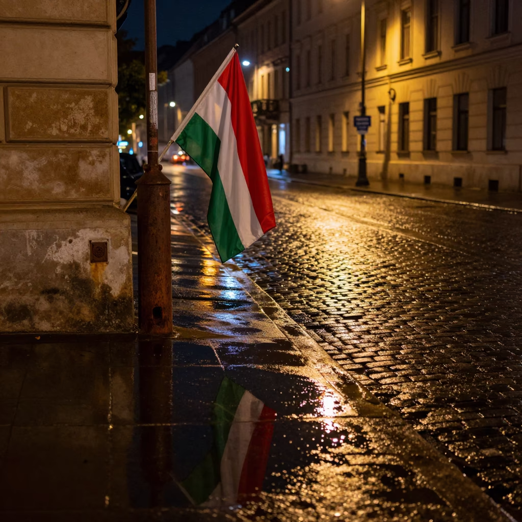 Late Night Budapest Street Corner with Neon Reflections and Urban Details in in Budapest, Hungary