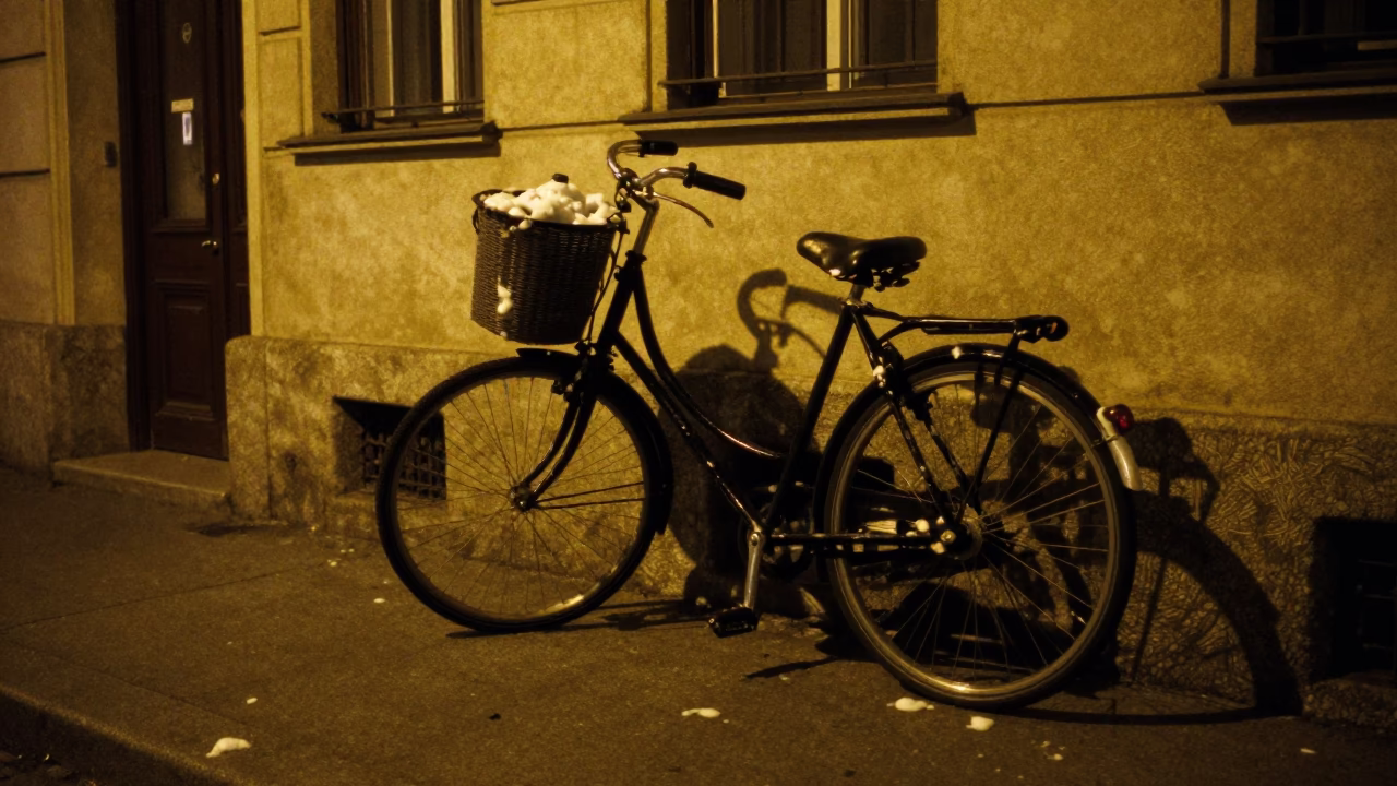 Late Night Budapest Street Scene with Bicycle and Soap Residue Details in in Budapest, Hungary