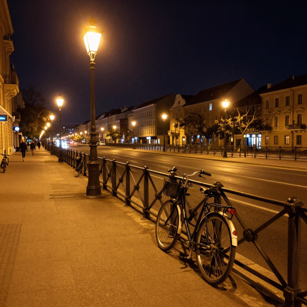 Late Night Budapest Street Scene with Bicycle and Urban Architecture in in Budapest, Hungary