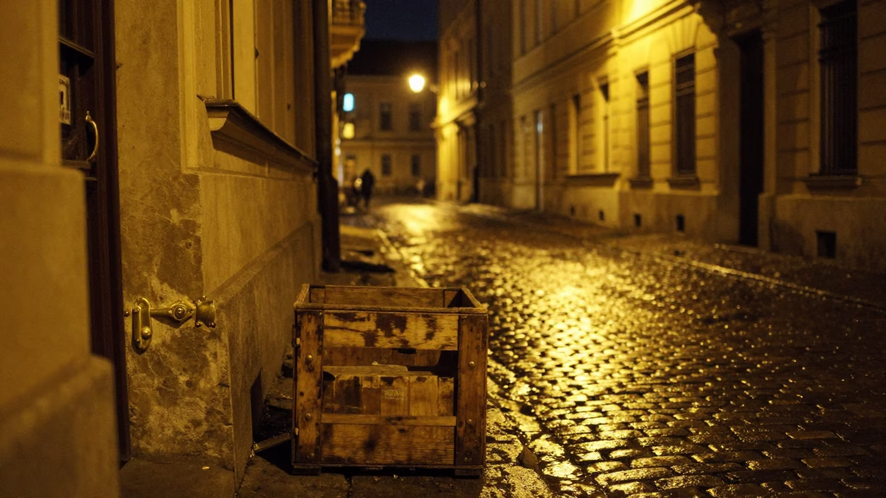 Late Night Budapest Street Scene with Brass Hardware and Urban Decay in in Budapest, Hungary