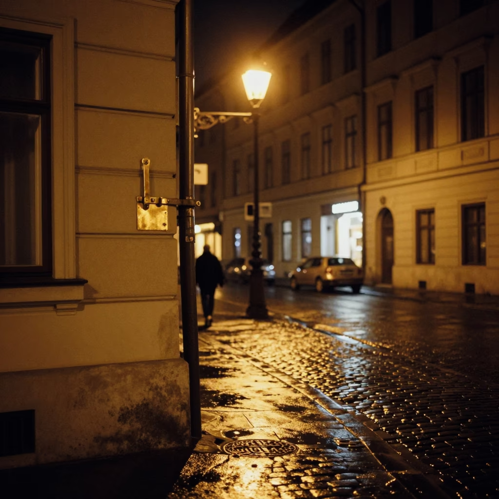 Late Night Budapest Street Scene with Brass Latch and Plant Pot Detail in in Budapest, Hungary