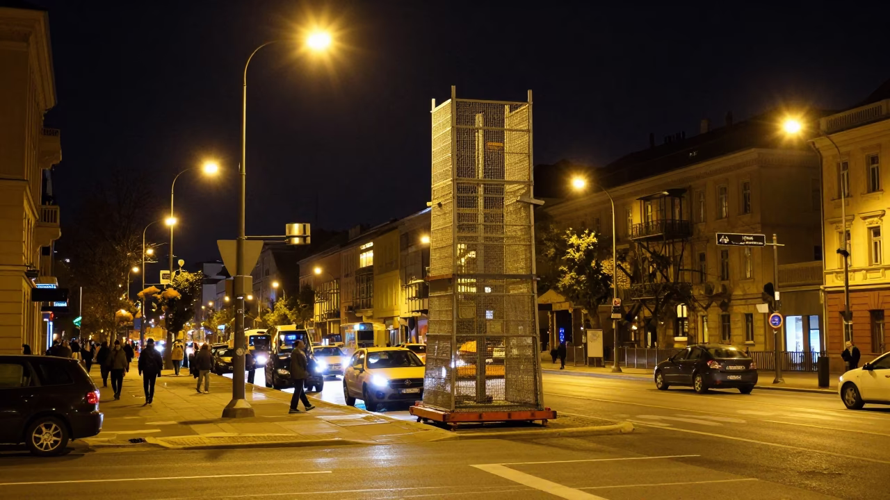 Late Night Budapest Street Scene with Bridge Maintenance Cage and Condensation on Chair Rung in in Budapest, Hungary