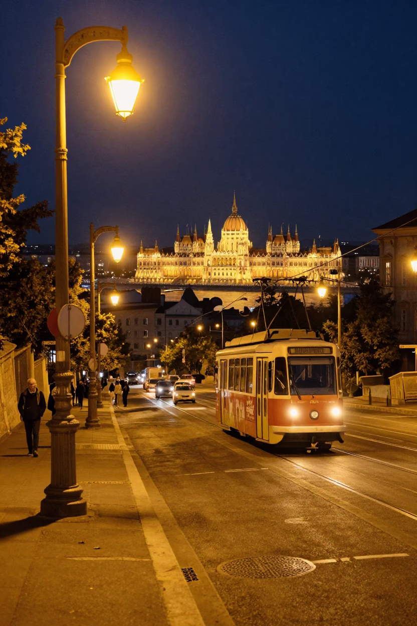 Late Night Budapest Street Scene with Cable Car and Local Interaction in in Budapest, Hungary