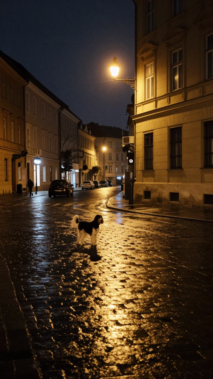 Late Night Budapest Street Scene with Clumber Spaniel and Chemistry Lab Reflections in in Budapest, Hungary