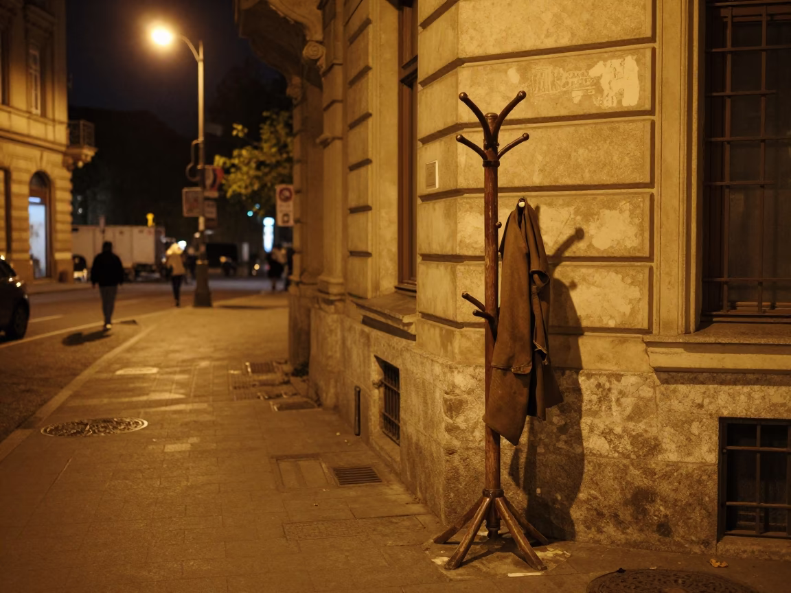 Late Night Budapest Street Scene with Coat Stand and Ceramic Pitcher in in Budapest, Hungary