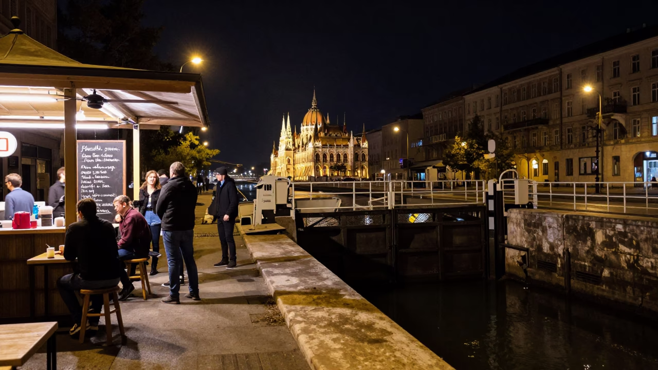 Late Night Budapest Street Scene with Crumbling Canal Lock and Rattling Fan in in Budapest, Hungary