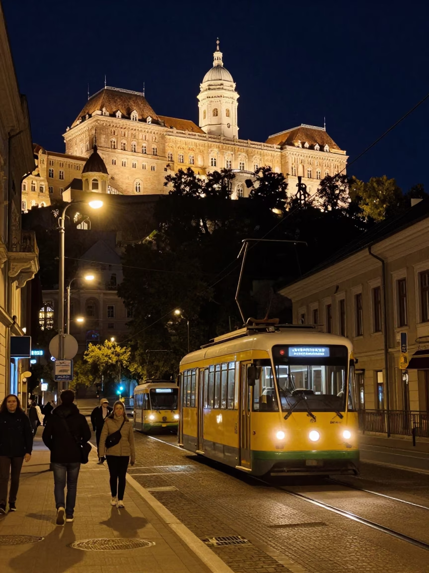 Late Night Budapest Street Scene with Funicular Railway and Urban Architecture in in Budapest, Hungary