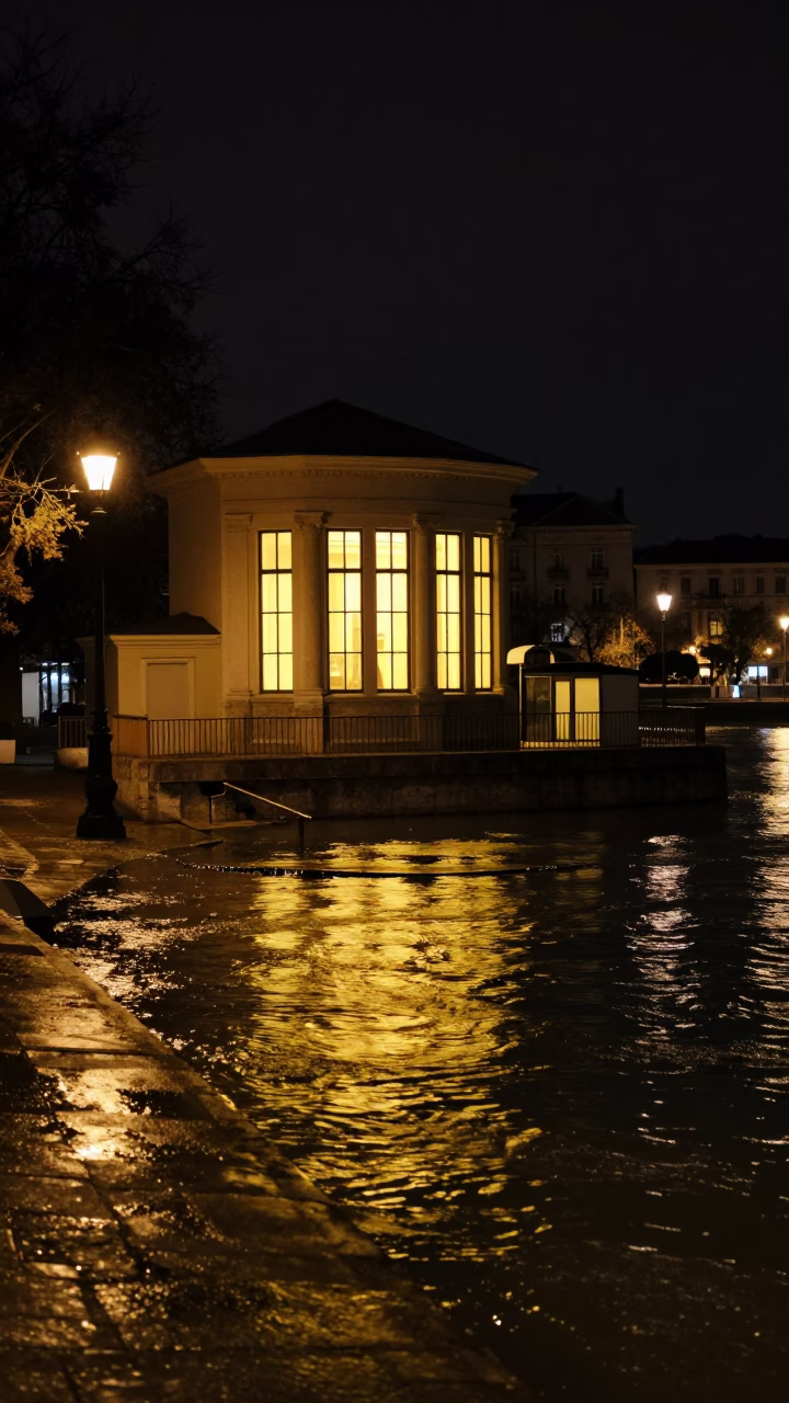 Late Night Budapest Street Scene with Glowing Pump House Window Over Floodwater in in Budapest, Hungary