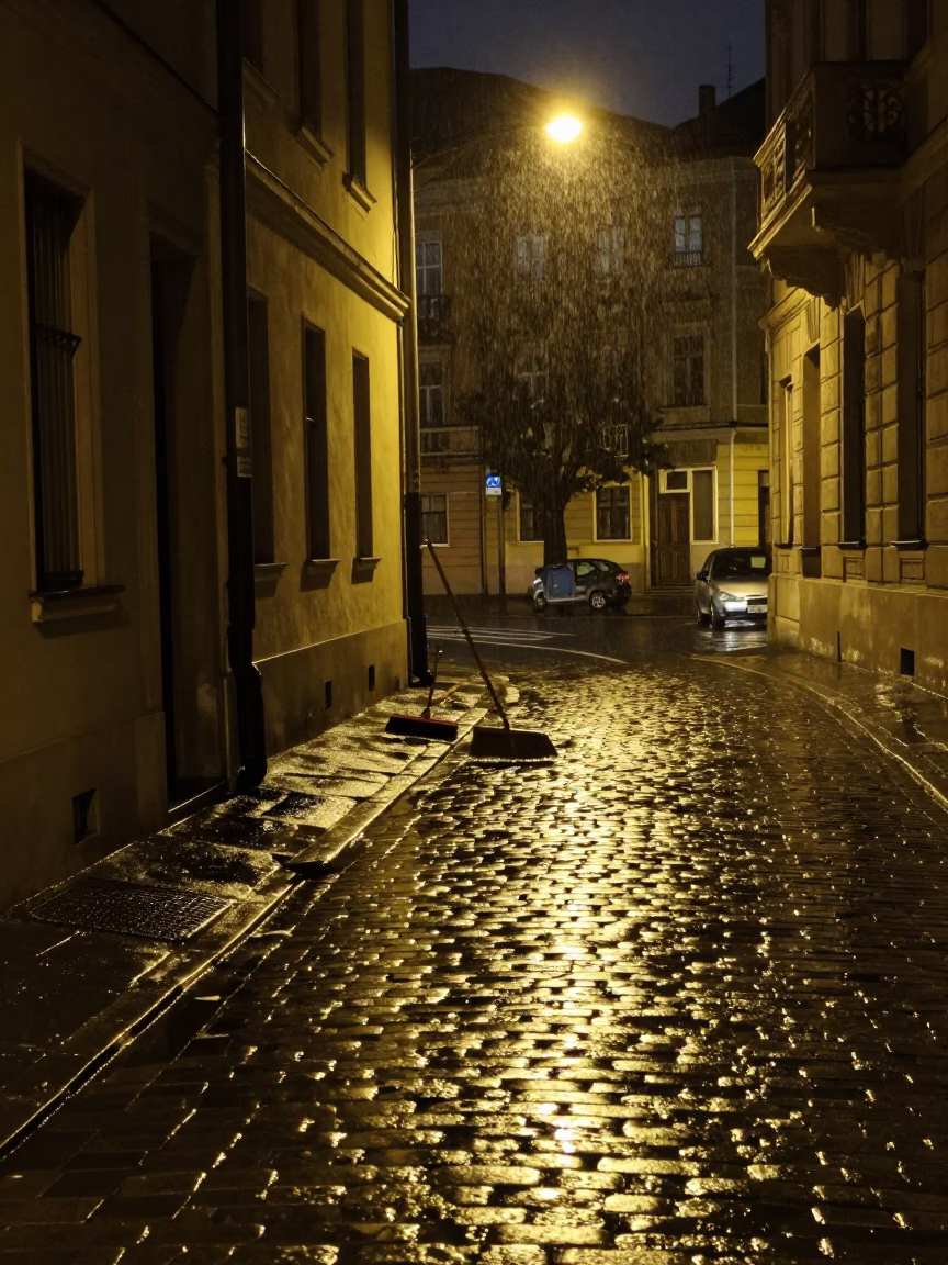 Late Night Budapest Street Scene with Hand Broom and Empty Alleyway in in Budapest, Hungary