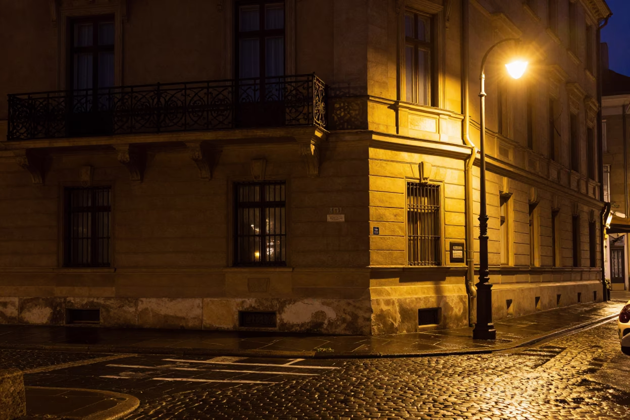 Late Night Budapest Street Scene with Historic Architecture and Urban Elements in in Budapest, Hungary