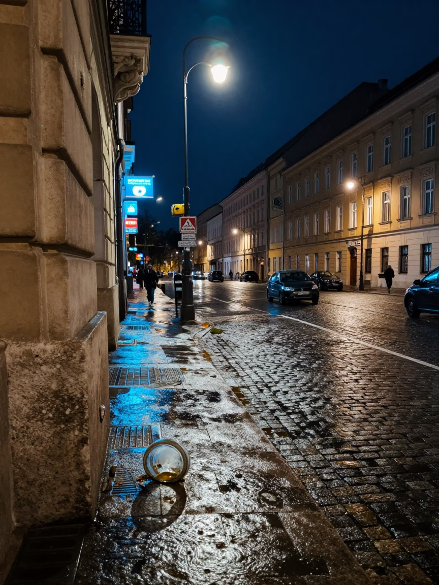 Late Night Budapest Street Scene with Neon Lights and Urban Details in in Budapest, Hungary