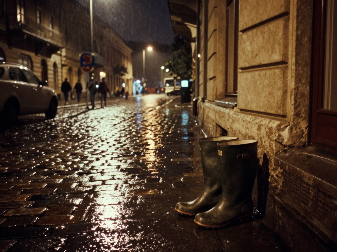 Late Night Budapest Street Scene with Rain Boots and Alarm Clock Reflection in in Budapest, Hungary