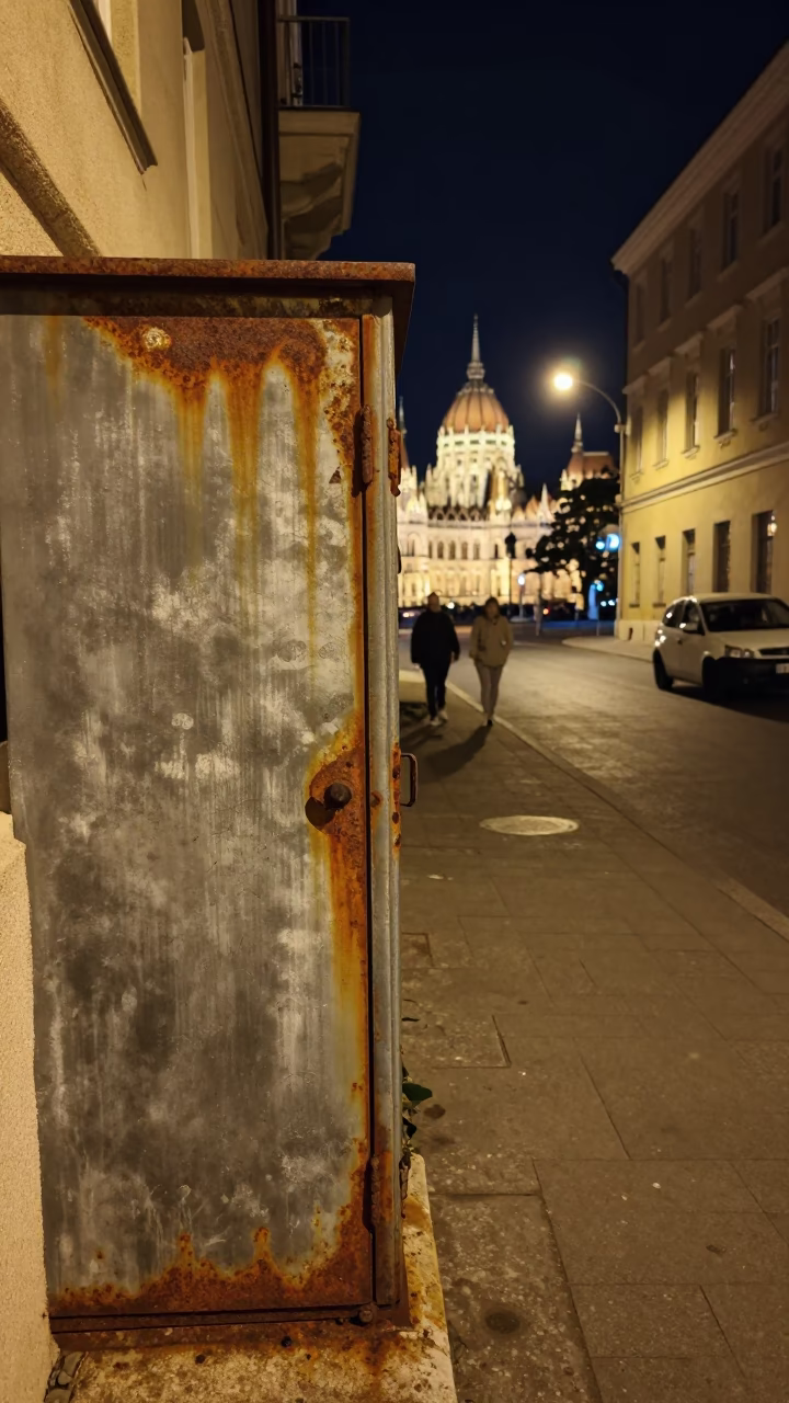Late Night Budapest Street Scene with Rusty Cabinet and Wash Basin in in Budapest, Hungary