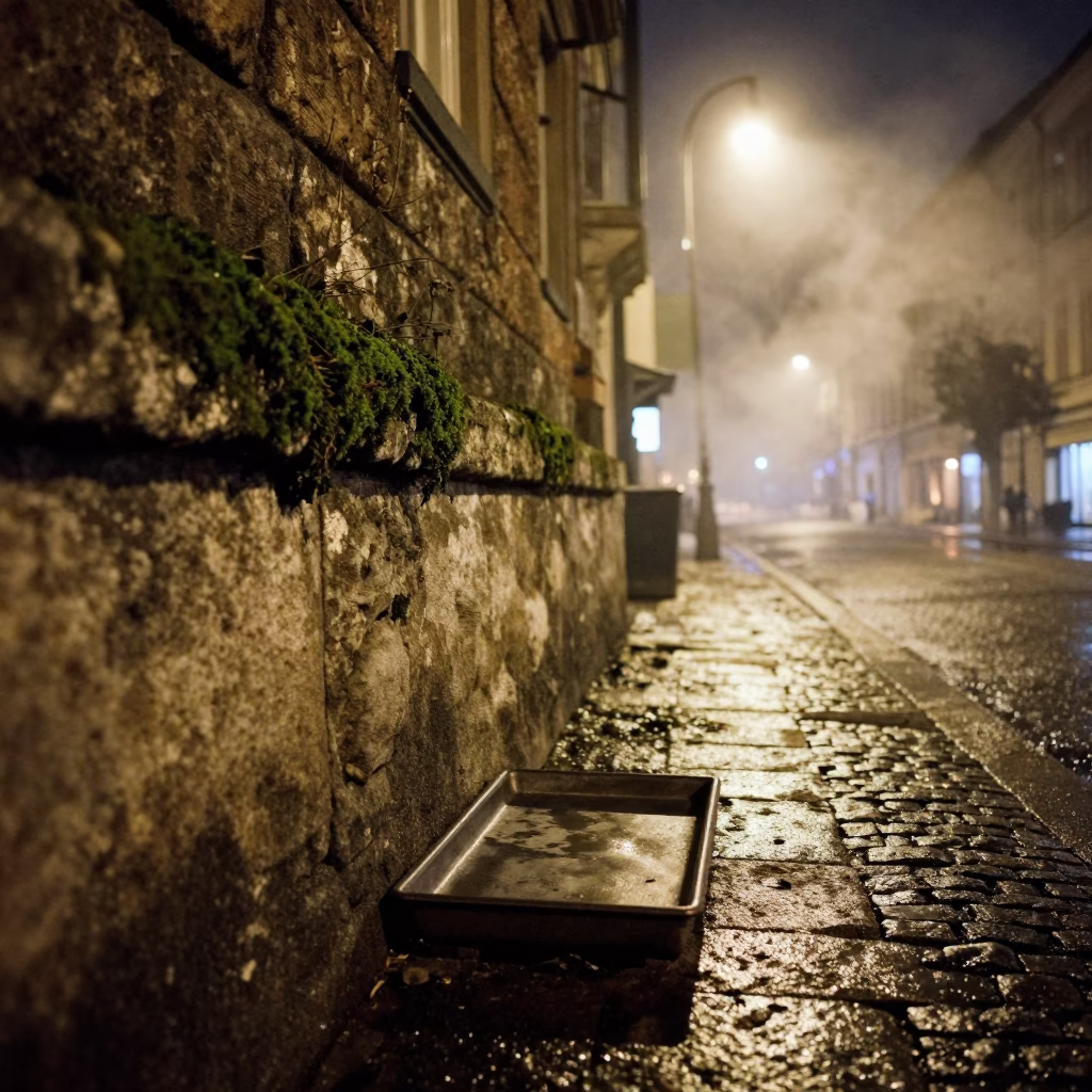Late Night Budapest Street Scene with Steam Haze and Mossy Stone Wall in in Budapest, Hungary