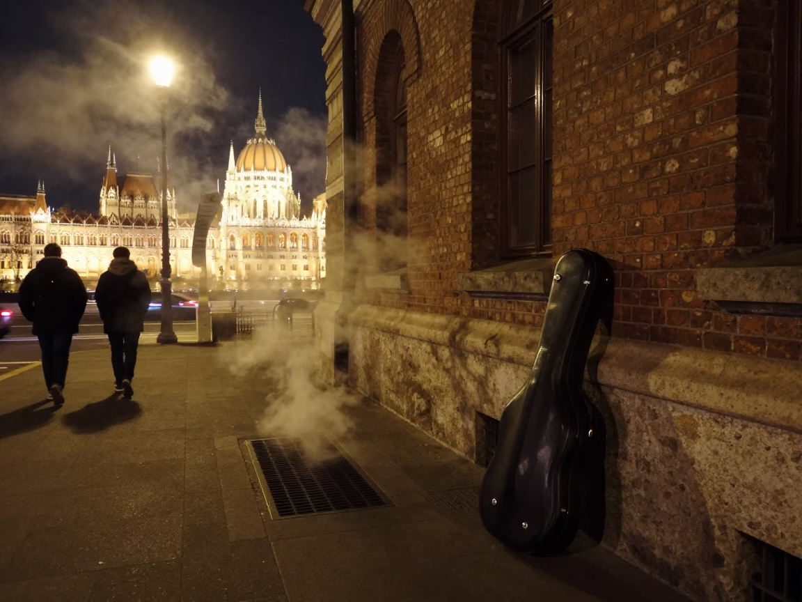Late Night Budapest Street Scene with Steam Haze and Violin Case at Night in in Budapest, Hungary