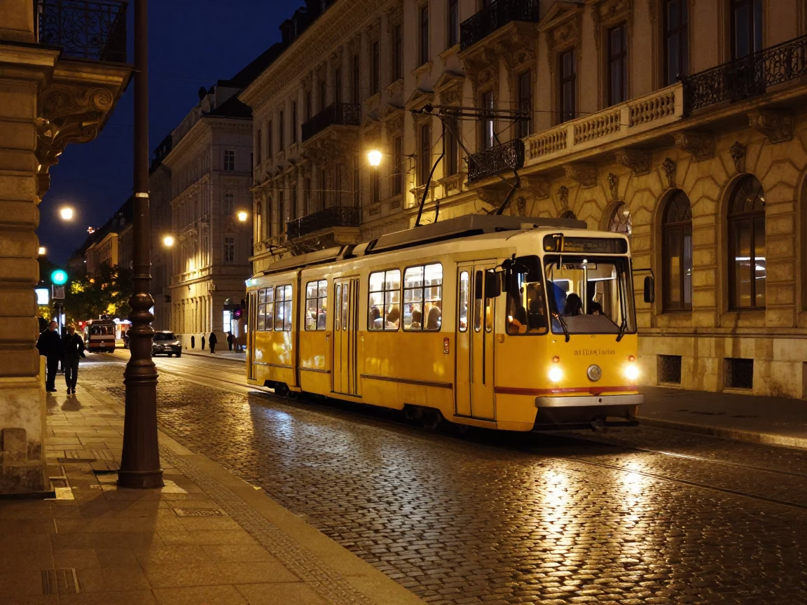 Late Night Budapest Street Scene with Tram and Historic Architecture in in Budapest, Hungary