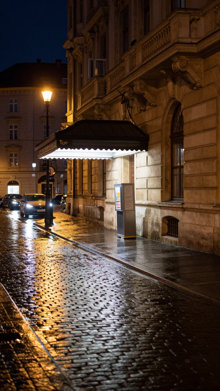 Late Night Budapest Street Scene with Valet Stand and Hotel Awning Reflections in in Budapest, Hungary