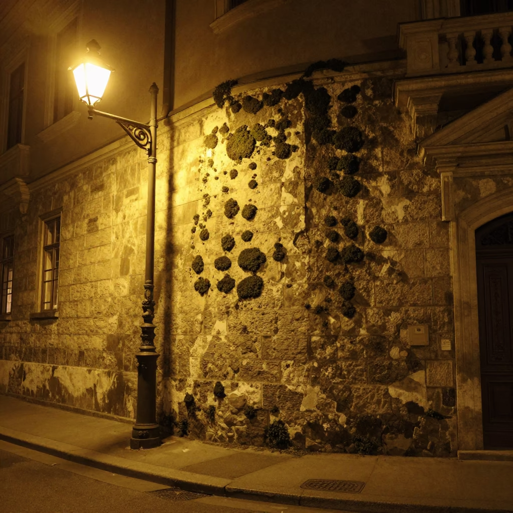 Late Night Budapest Street Scene with Vintage 1970s Aesthetic and Urban Details in in Budapest, Hungary