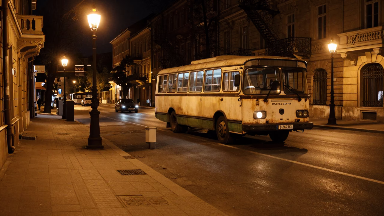 Late Night Budapest Street Scene with Vintage Car and Library Students in in Budapest, Hungary