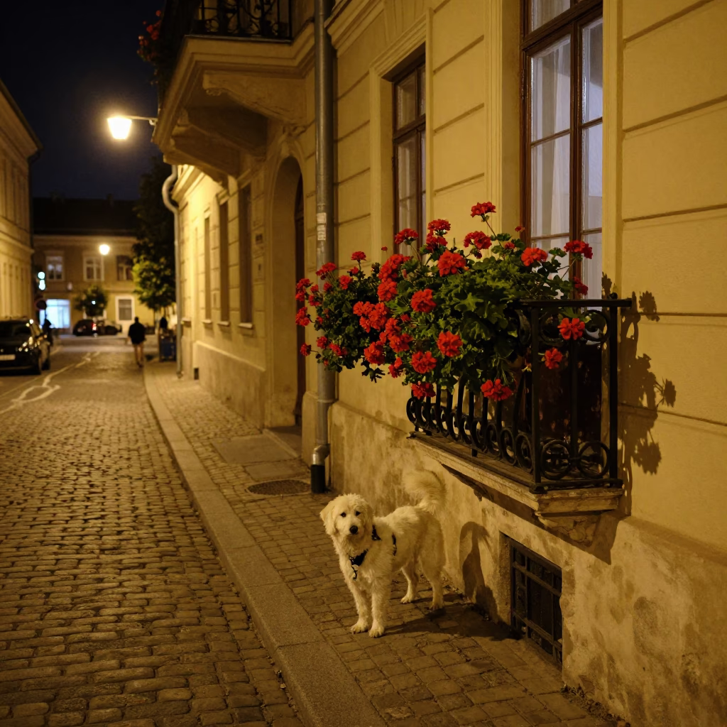 Late Night Budapest Street Scene with White Dog and Geraniums in in Budapest, Hungary