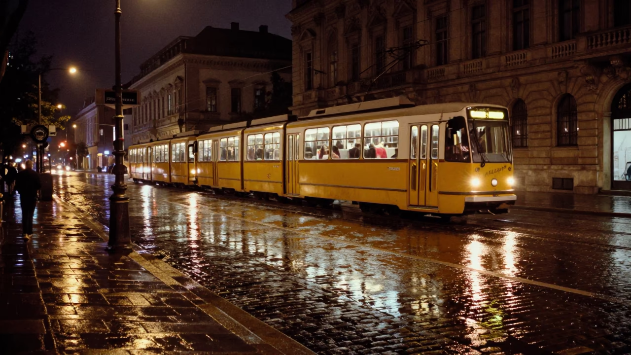 Late Night Budapest Tram Reflections on Wet Cobblestones Near Chain Bridge in in Budapest, Hungary