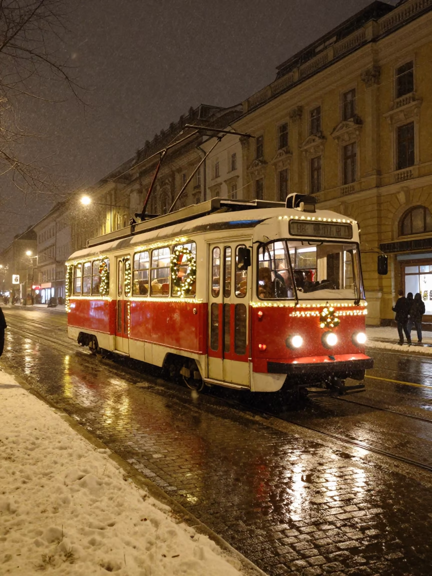 Late Night Budapest Tramcar Decorated for Christmas on Snowy Avenue in in Budapest, Hungary