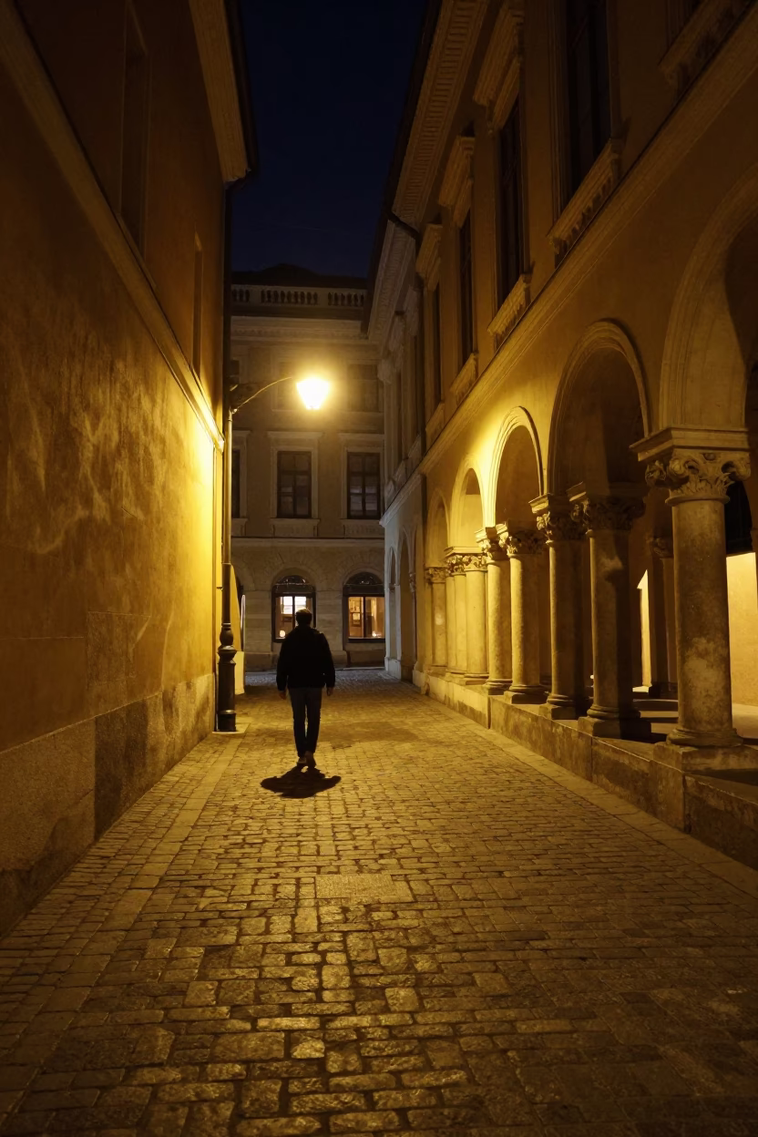 Late Night Budapest University Cloister Stone Walkway and Street Lamp in in Budapest, Hungary