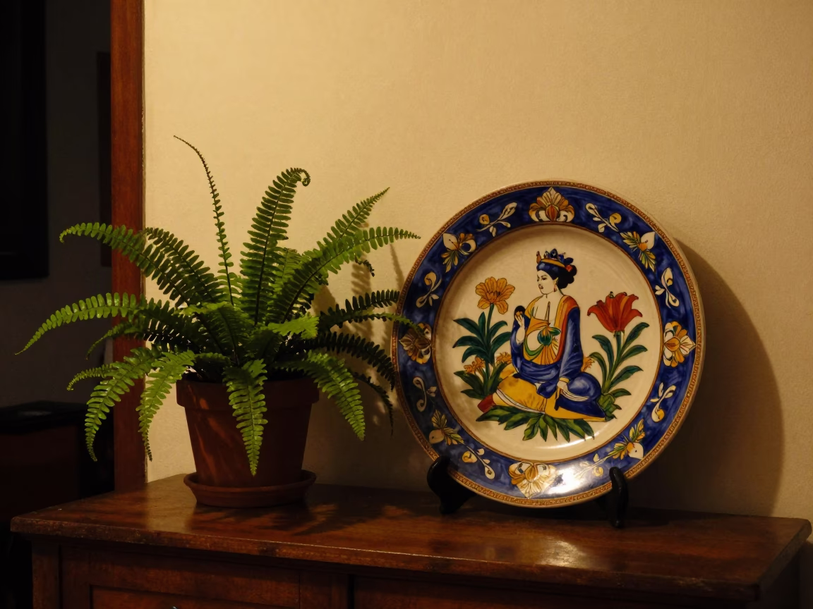 Late Night Buenos Aires Apartment Interior with Vintage Italian Majolica Plate and Ferns in in Buenos Aires, Argentina