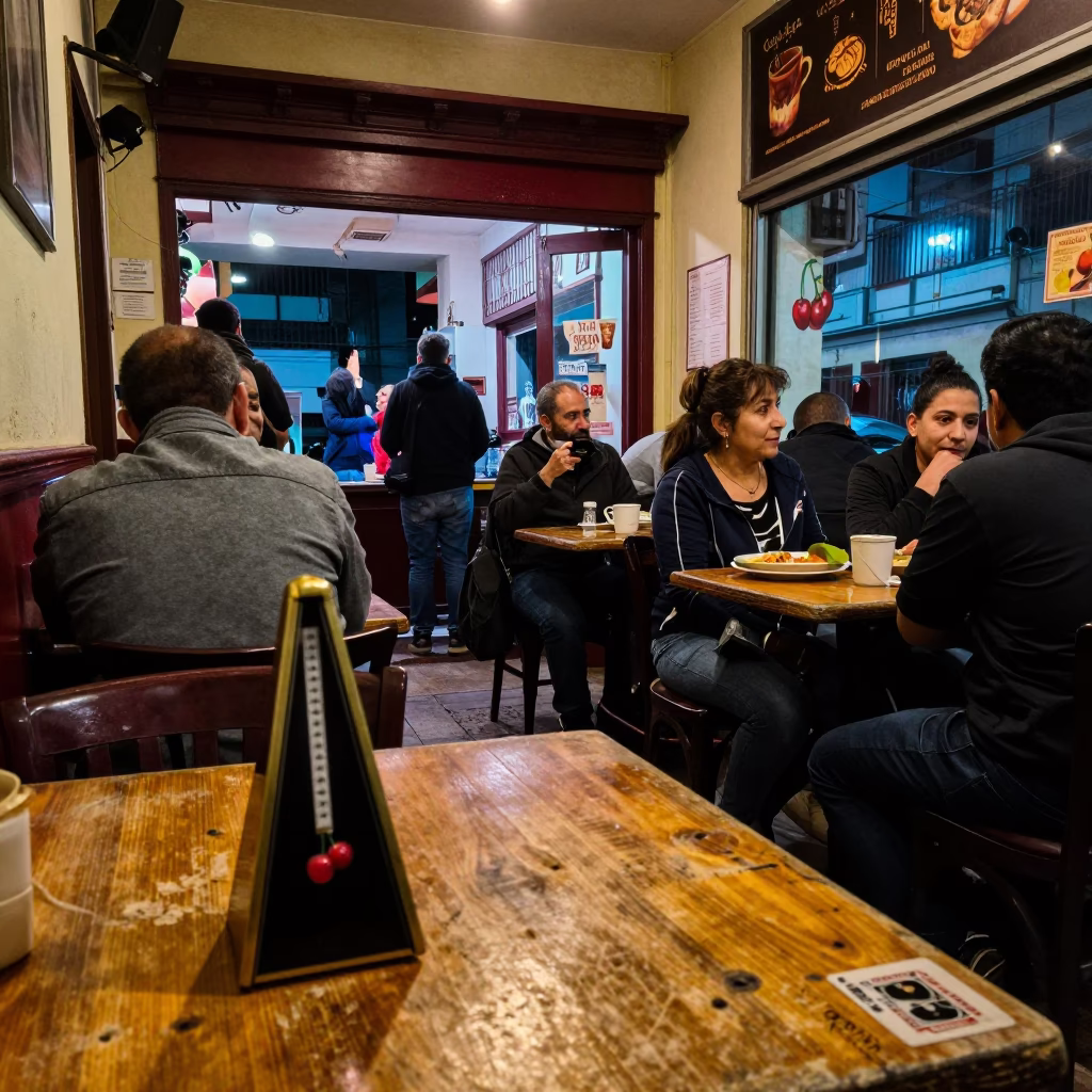Late Night Buenos Aires Cafe Interior with Metronome and Cherries on Table in in Buenos Aires, Argentina
