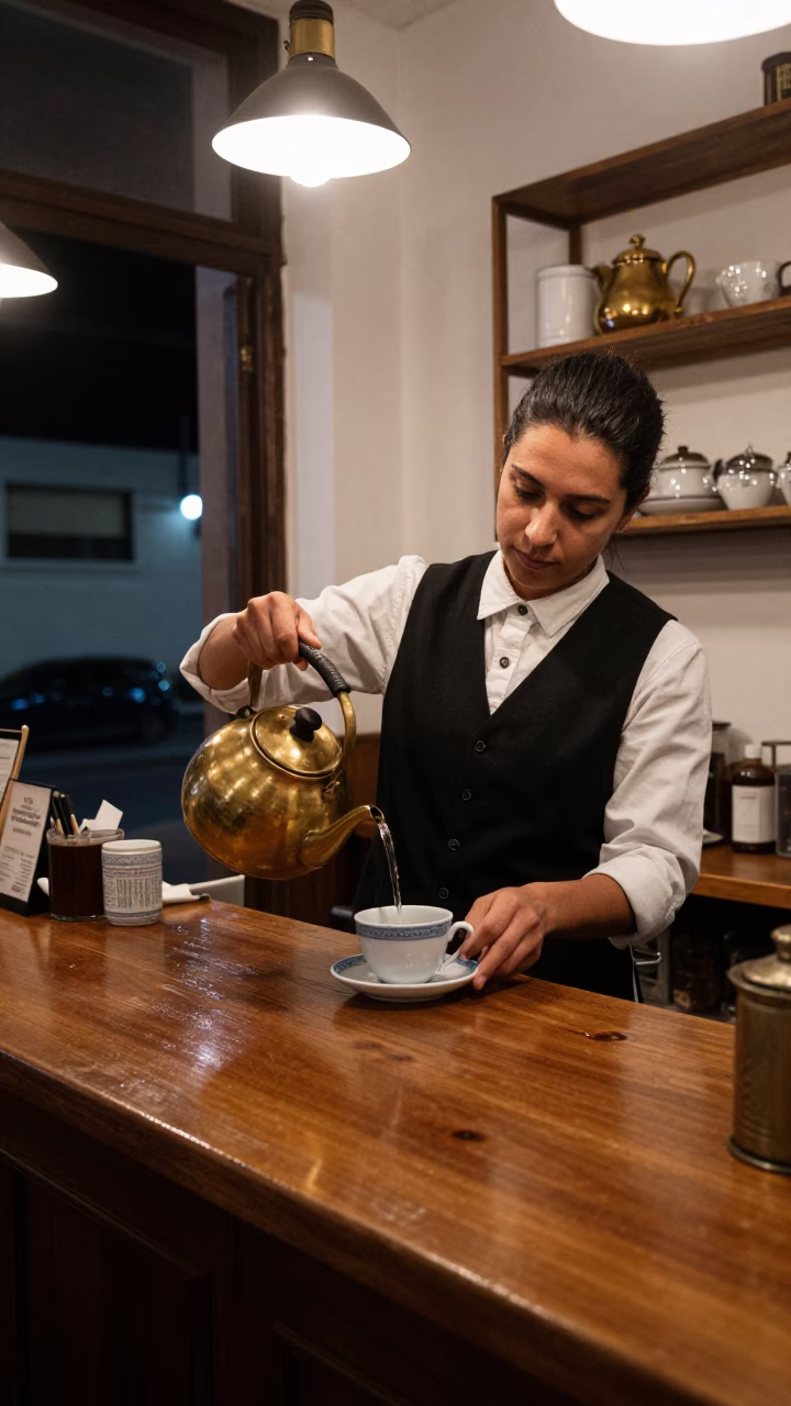 Late Night Buenos Aires Cafe Interior with Tea Seller and Tin Box in in Buenos Aires, Argentina