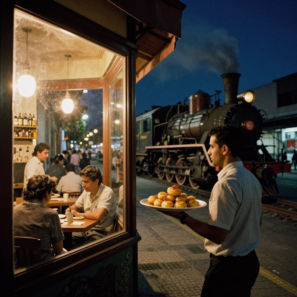 Late Night Buenos Aires Cafe Street Scene with Steam Locomotive and Coffee in in Buenos Aires, Argentina