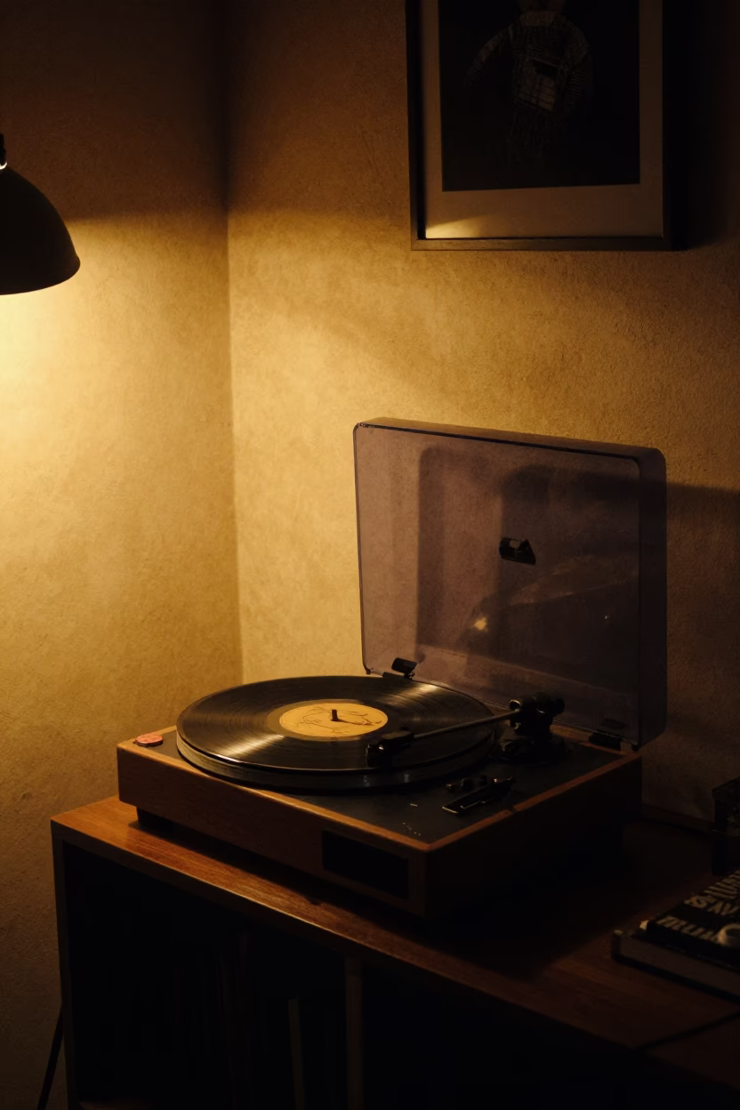 Late Night Buenos Aires Interior with Record Player and Charcoal Sketchbook in in Buenos Aires, Argentina