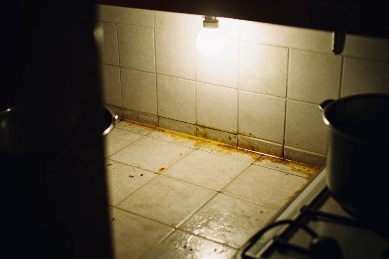 Late Night Buenos Aires Kitchen Grease Sheen on Tile Grout and Rattan Chair in in Buenos Aires, Argentina