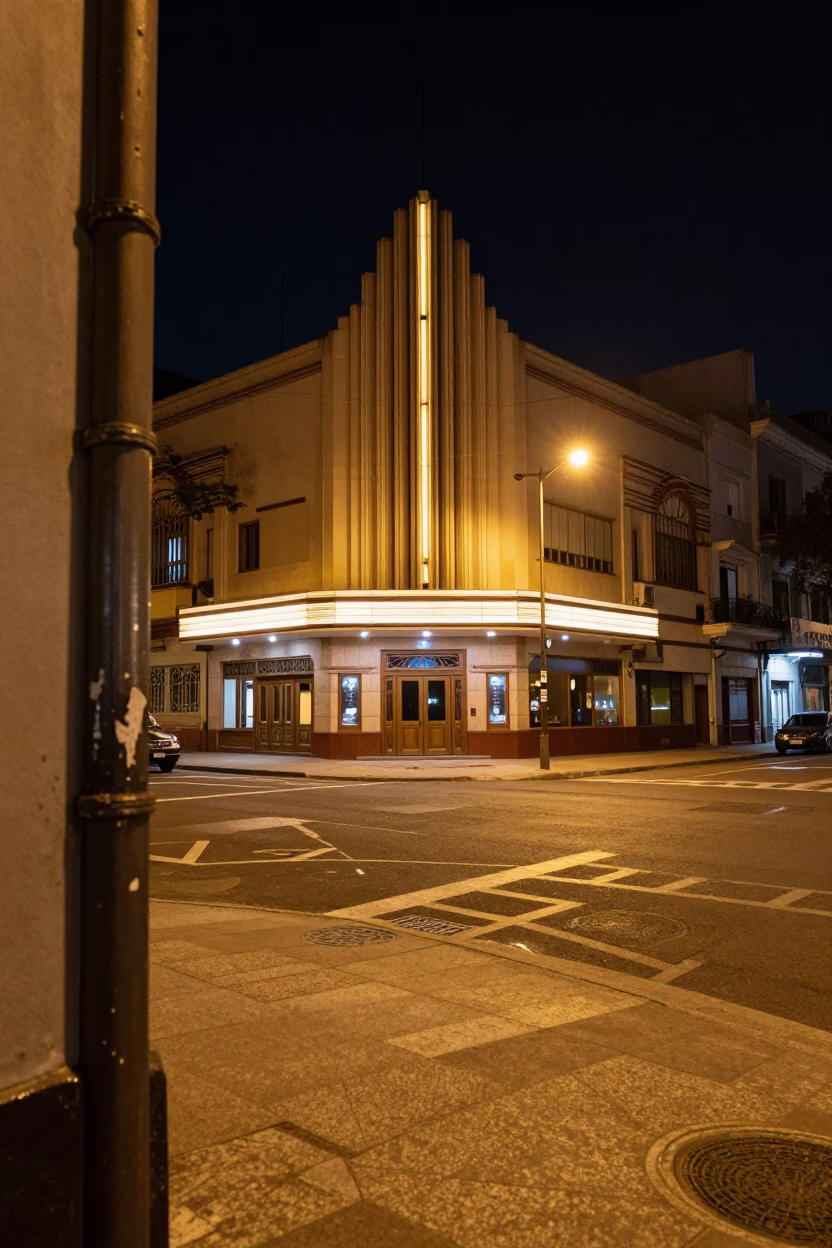 Late Night Buenos Aires Street Corner with Art Deco Cinema Facade and Urban Details in in Buenos Aires, Argentina