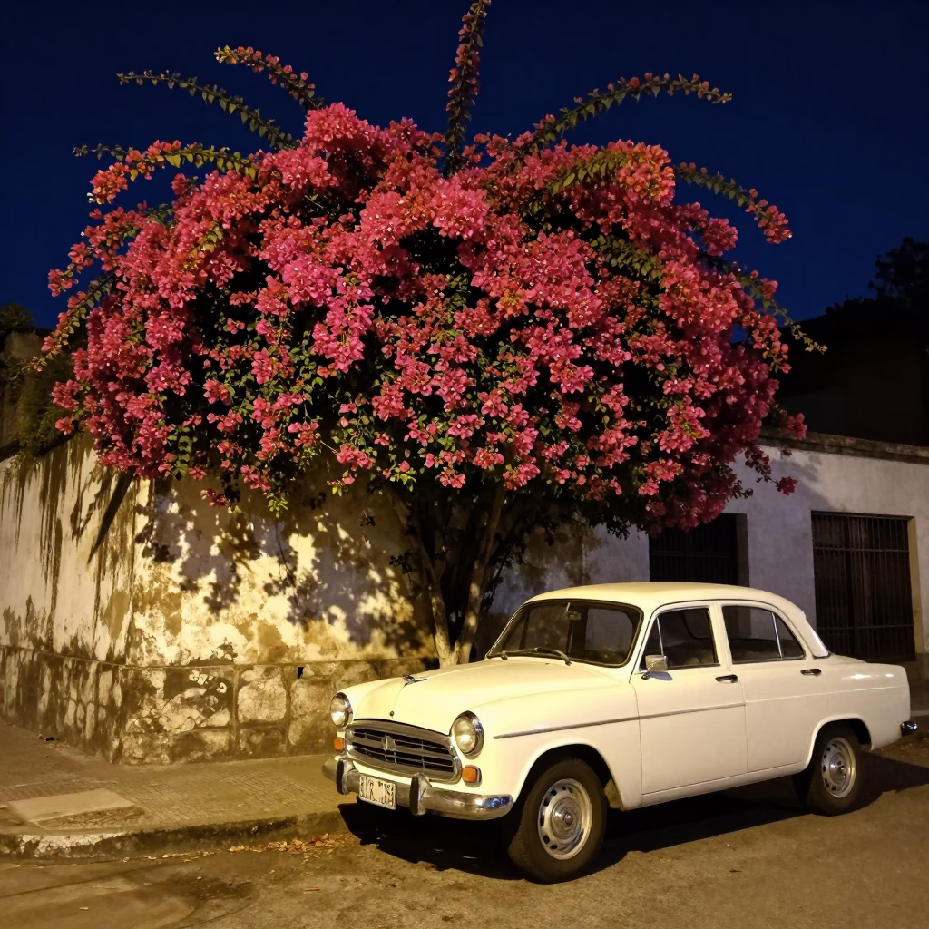 Late Night Buenos Aires Street Corner with Bougainvillea and Vintage Car in in Buenos Aires, Argentina