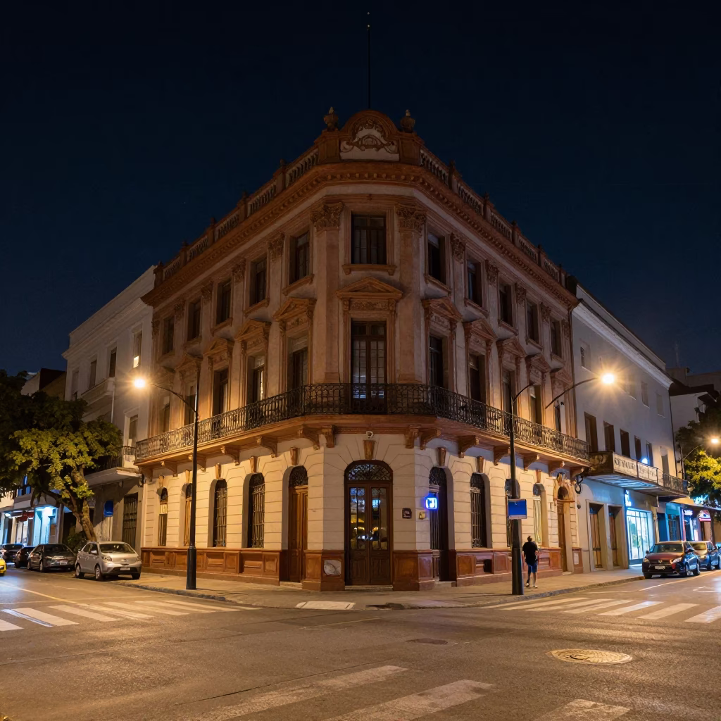 Late Night Buenos Aires Street Corner with Neon Lights and Urban Architecture in in Buenos Aires, Argentina