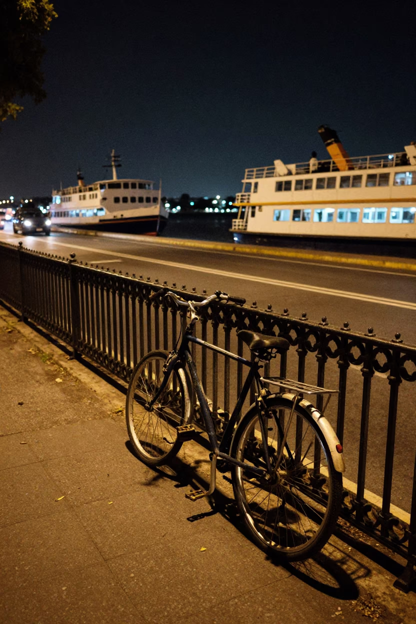 Late Night Buenos Aires Street Scene with Bicycle and Ferry Piling System in in Buenos Aires, Argentina