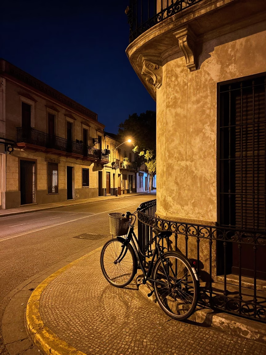 Late Night Buenos Aires Street Scene with Bicycle Basket and City Lights in in Buenos Aires, Argentina