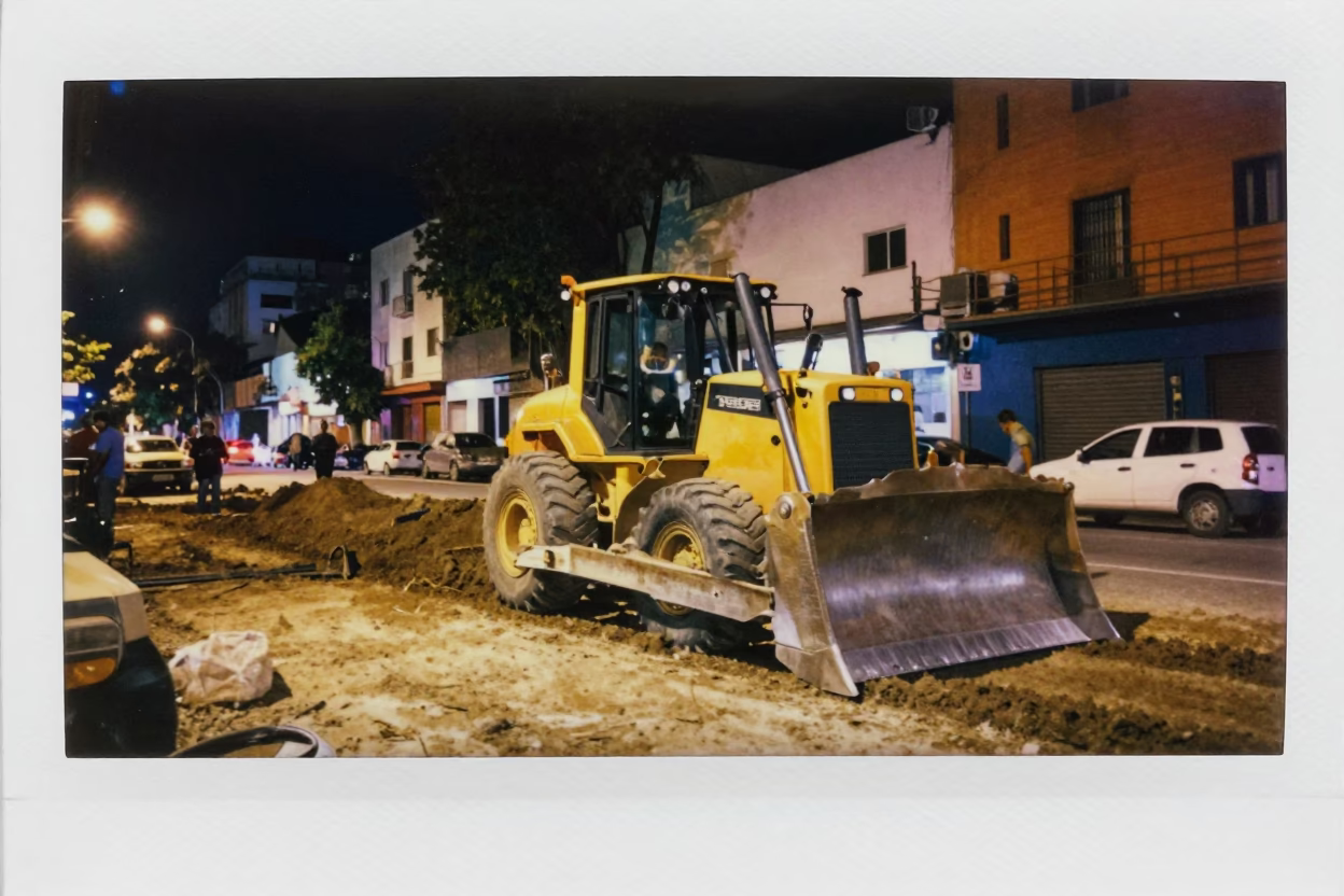 Late Night Buenos Aires Street Scene with Bulldozer and Colorful Facade in in Buenos Aires, Argentina