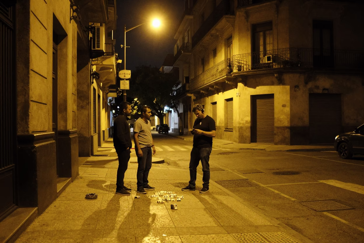 Late Night Buenos Aires Street Scene with Dominoes and Ashtray on Corner Table in in Buenos Aires, Argentina