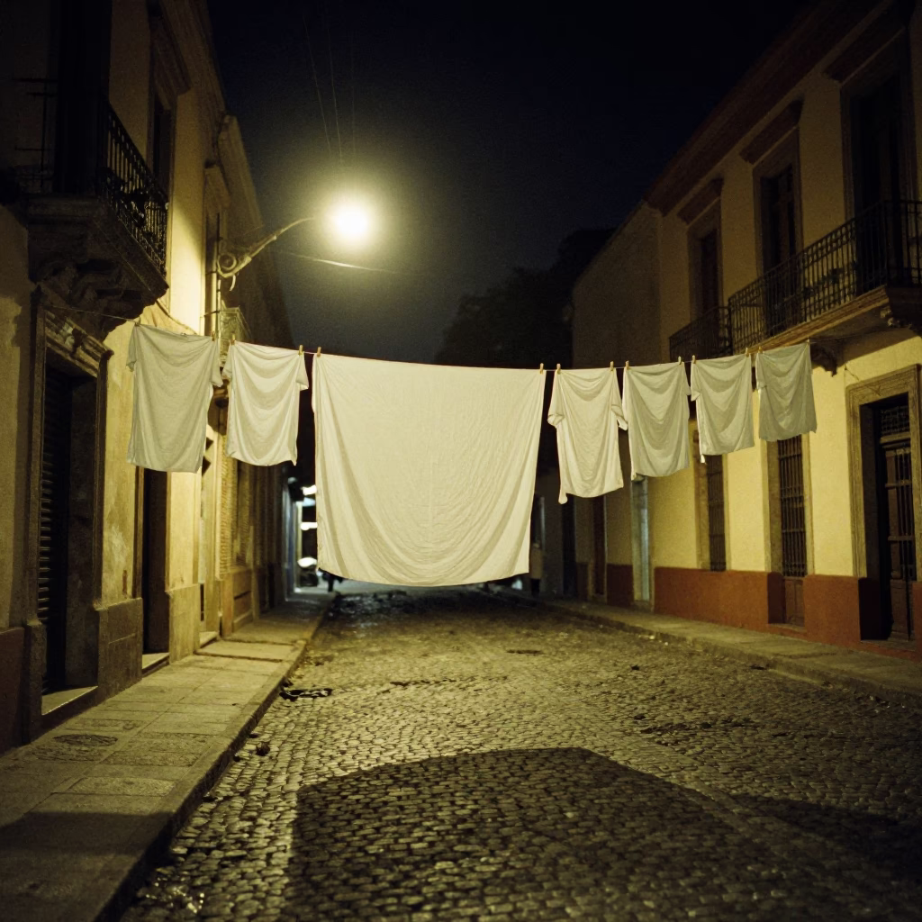 Late Night Buenos Aires Street Scene with Drying Laundry and Urban Architecture in in Buenos Aires, Argentina