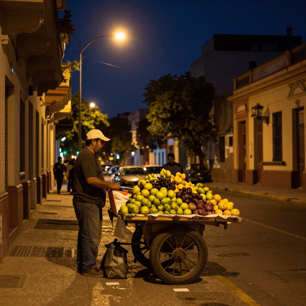 Late Night Buenos Aires Street Scene with Fruit Vendor and Observatory Dome in in Buenos Aires, Argentina