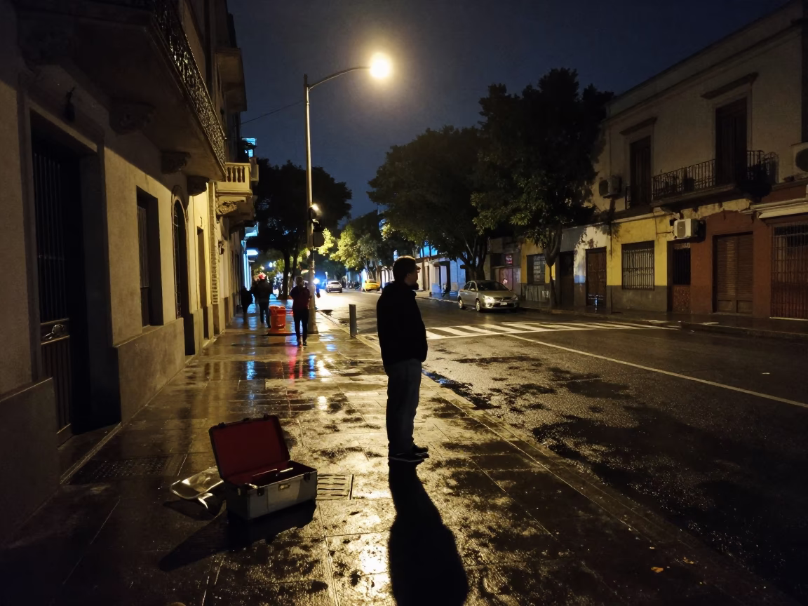 Late Night Buenos Aires Street Scene with Hatbox and Urban Details in in Buenos Aires, Argentina