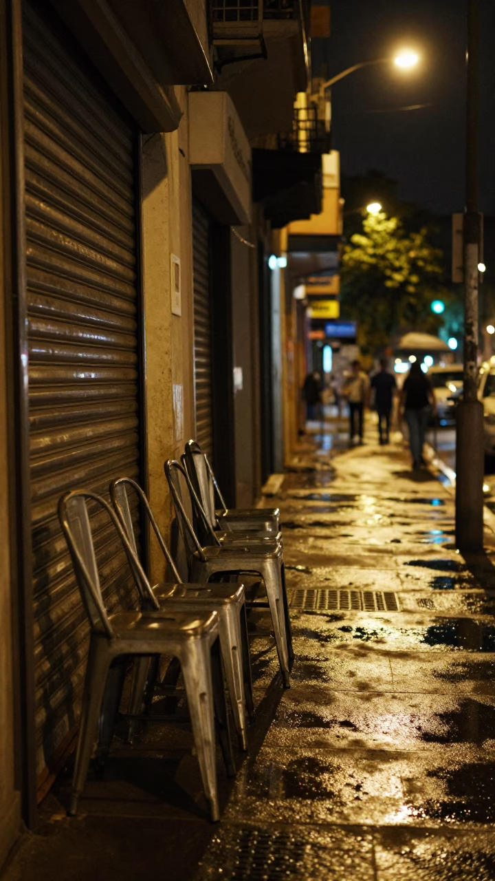 Late Night Buenos Aires Street Scene with Metal Stools and Urban Architecture in in Buenos Aires, Argentina