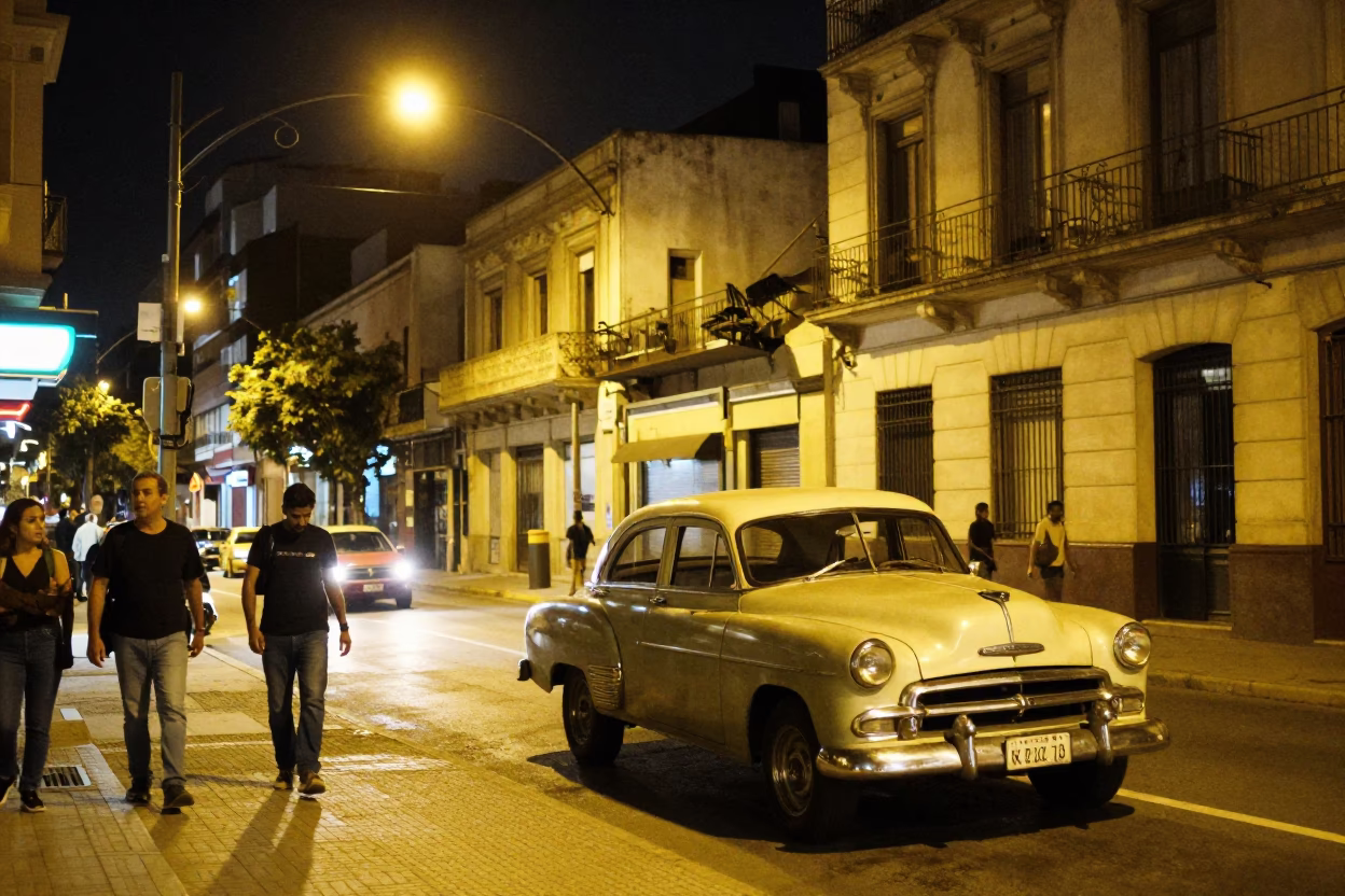 Late Night Buenos Aires Street Scene with Neon Lights and Urban Activity in in Buenos Aires, Argentina