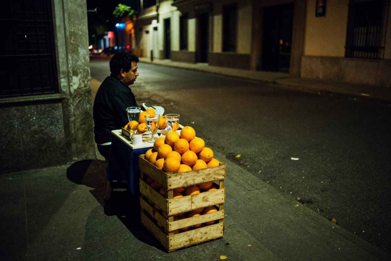 Late Night Buenos Aires Street Scene with Oranges and Glass Vase in Argentinian City in in Buenos Aires, Argentina